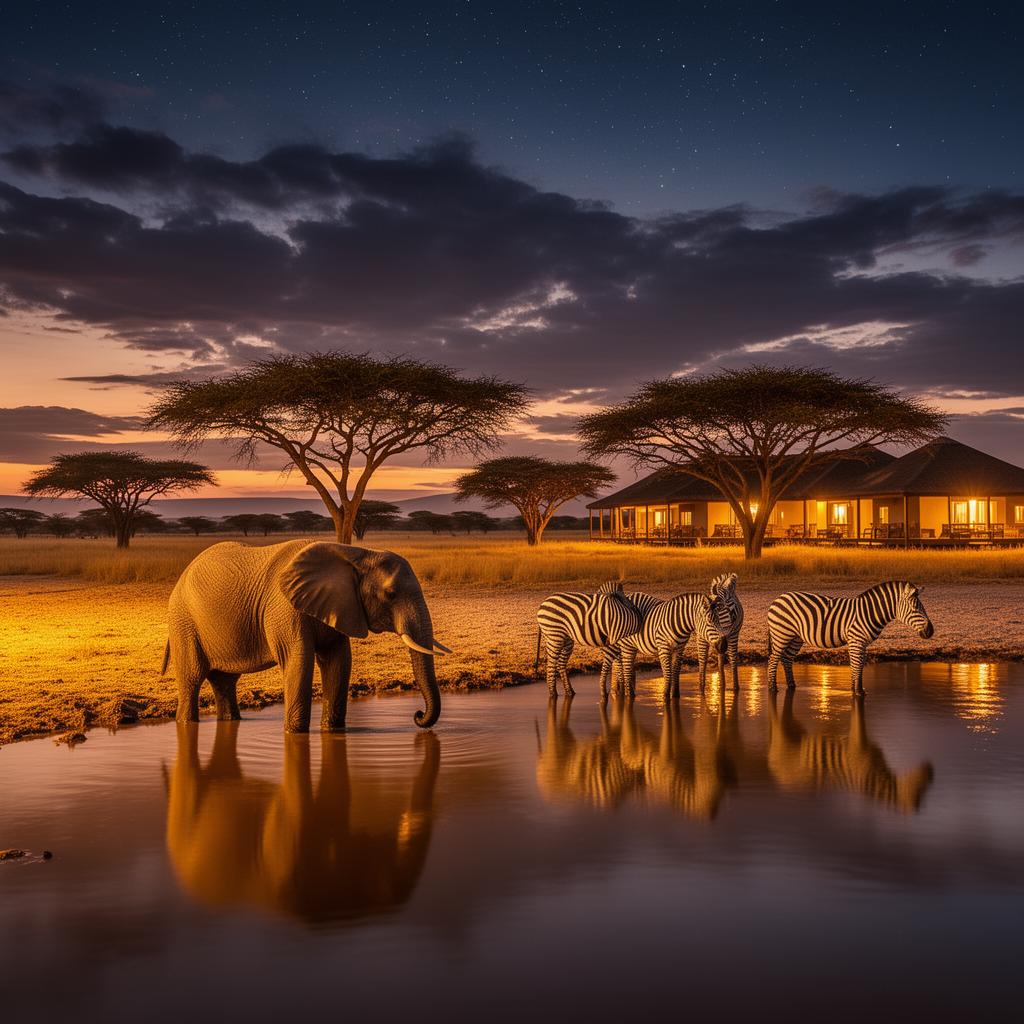 NWR Okaukuejo Resort floodlit waterhole at dusk, elephant and zebras drinking, Etosha National Park
